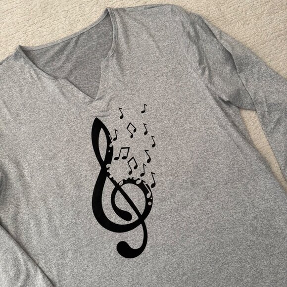 Music Treble Clef Top Size XL Gray Three Quarter Sleeve Stretch Knit - Picture 5 of 9